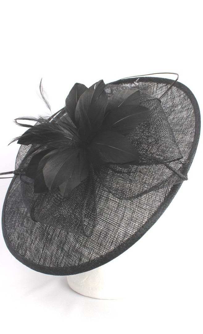 Larger round sinamay hatinator  w floral feature and circular black feather spheres STYLE: HS/3005 /BLK image 0